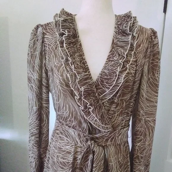 Studio 36 Dress Vintage 80's Brown & Cream Long Sleeve Size L Deep V-Neck - Picture 3 of 8